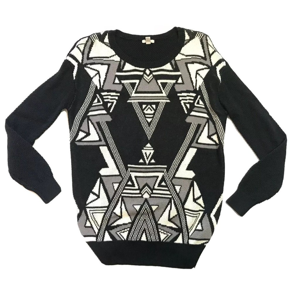 Ecote Womens Geometric Pattern Oversize Pullover Sweater Black Gray Small S